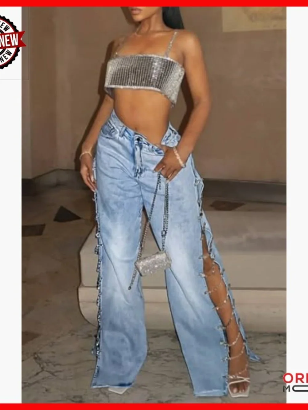 High Waist Rhinestone Jeans Diamond Lace Up Hollow Out Split Denim Pants Fringe